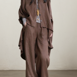 STYLE WE x CHILLINEN |Cotton And Linen Linen Two-Piece Set, Two-piece Set, color:Brown|size:XXL, Stylewe