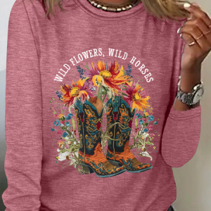 Wild Flowers Wild Horses Casual Long Sleeve Shirt, Long sleeves, Lilicloth.com