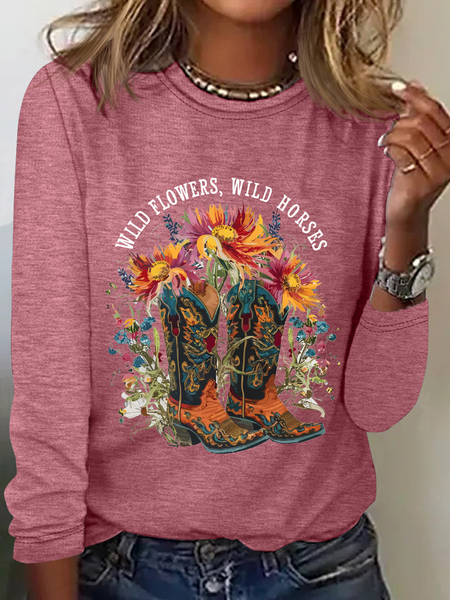 Wild Flowers Wild Horses Casual Long Sleeve Shirt, Long sleeves, Lilicloth.com