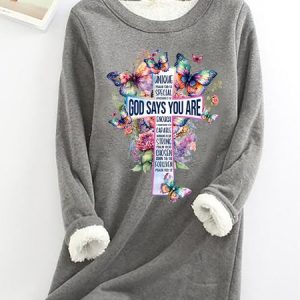 God Says You Are Cross Bible Verse Cross with Watercolor flowers and Butterflies Casual Fluff Fleece Fabric Sweatshirt, Hoodies&Sweatshirts, Lilicloth.com