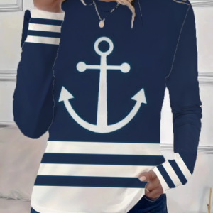 Women's Long Sleeve T-shirt Spring/Fall Navyblue Anchor Printing Jersey Crew Neck Daily Going Out Casual Top, Long sleeves, Lilicloth.com