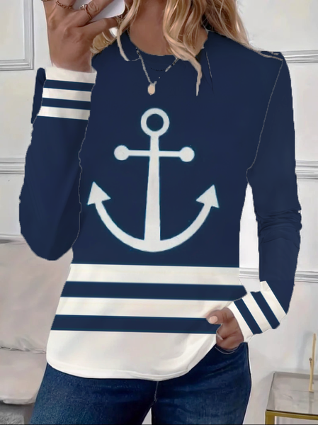Women's Long Sleeve T-shirt Spring/Fall Navyblue Anchor Printing Jersey Crew Neck Daily Going Out Casual Top, Long sleeves, Lilicloth.com