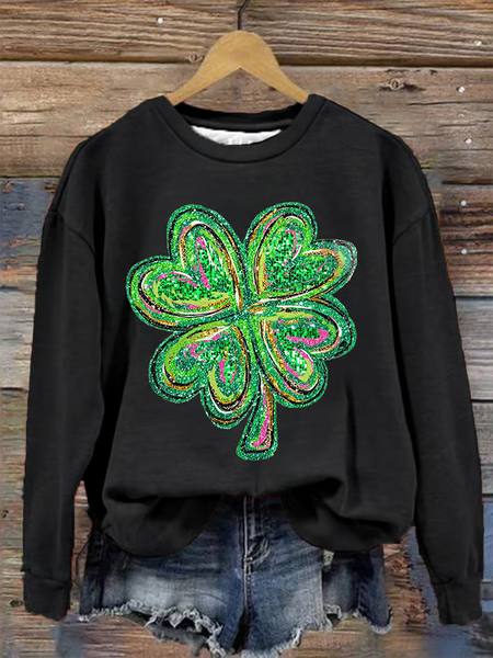 Women's Shamrock Floral Crew Neck Casual Spring/Fall Long Sleeve Sweatshirt, JustFashionNow Sweatshirts & Hoodies, color:Black|size:5XL,