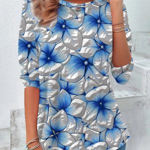 Floral Print Crew Neck Long Sleeve T-shirt, Long sleeves, Lilicloth.com