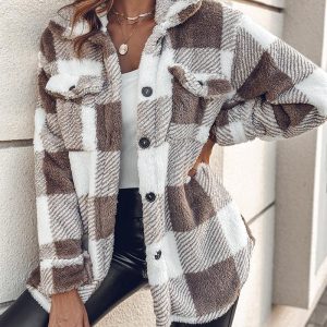 Plaid Pattern Turn-down Collar Button Front Teddy Coat, women Jackets & Coats, ChicMe catalog