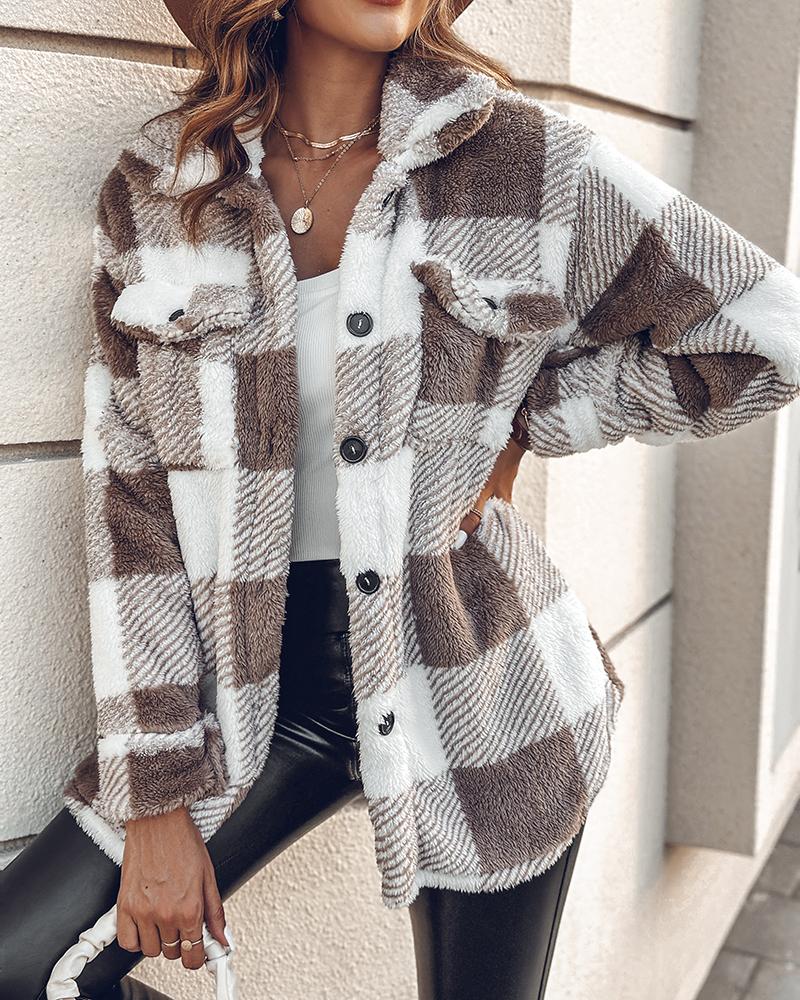 Plaid Pattern Turn-down Collar Button Front Teddy Coat, women Jackets & Coats, ChicMe catalog