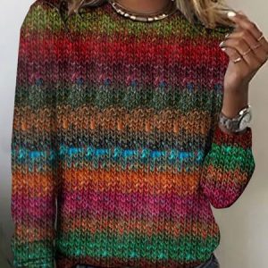 Sweater texture rainbow colored long sleeved T-shirt, Long sleeves, Lilicloth.com