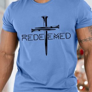 Men's Redeemeo Cross Funny Graphic Print Text Letters Cotton Casual T-Shirt, T-shirts, Lilicloth.com