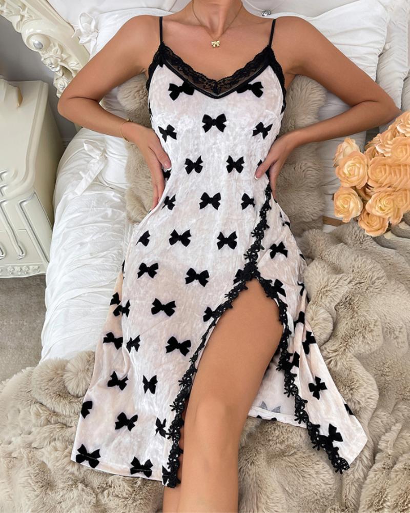 Velet Contrast Lace V-Neck Bowknot Spaghetti Strap Nightgown Lingerie Sexy Slit Sleep Dress, women Night Dresses, ChicMe catalog