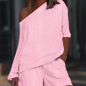 2 Pieces Outfits Jacquard One Shoulder Long Sleeve Top and Casual Strechy Waist Pocket Design Shorts Set, women Two-piece Sets, ChicMe catalog