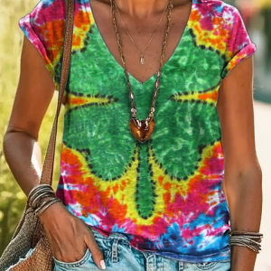 Women's Ombre Shamrock Short Sleeve Tee T-shirt V Neck Casual Summer Top, JustFashionNow T-Shirts, color:Multicolor|size:5XL,