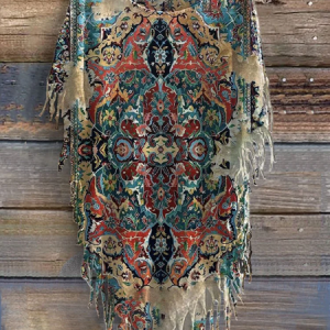 Women's Vintage Print Punk Hippie Batwing Tussle Fringes Poncho Long Sleeve T-Shirt, T-shirts, Lilicloth.com