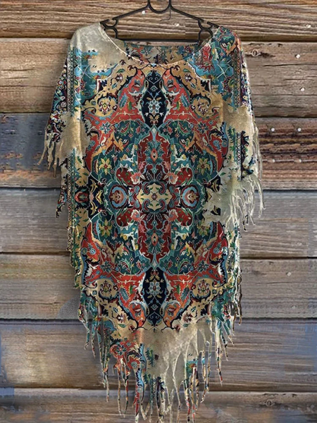 Women's Vintage Print Punk Hippie Batwing Tussle Fringes Poncho Long Sleeve T-Shirt, T-shirts, Lilicloth.com