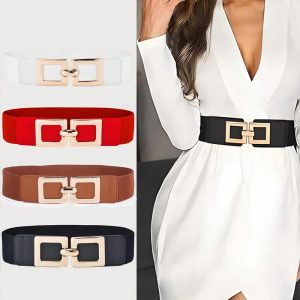 Wide Elastic Belt Fashion Square Gold Buckle Stretch Dress Belt Waistband, women Belts, ChicMe catalog