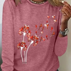 Red Cardinal Casual Long Sleeve Shirt, Long sleeves, Lilicloth.com