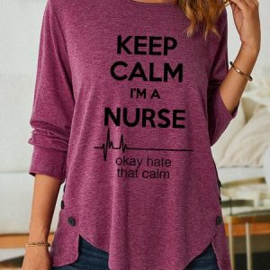 Women Nurse Keep Calm Print Simple Long Sleeve Top, Long sleeves, Lilicloth.com