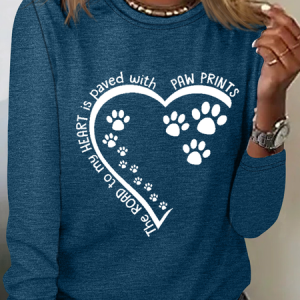 Women's Dog Lovers The Road To My Heart Is Paved With Paw Prints Text Letters Simple Long Sleeve Shirt, Long sleeves, Lilicloth.com