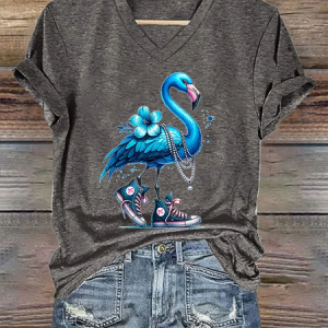 Women's Pearl Necklace Canvas Shoes Blue Flamingo Print T-Shirt, T-shirts, Lilicloth.com
