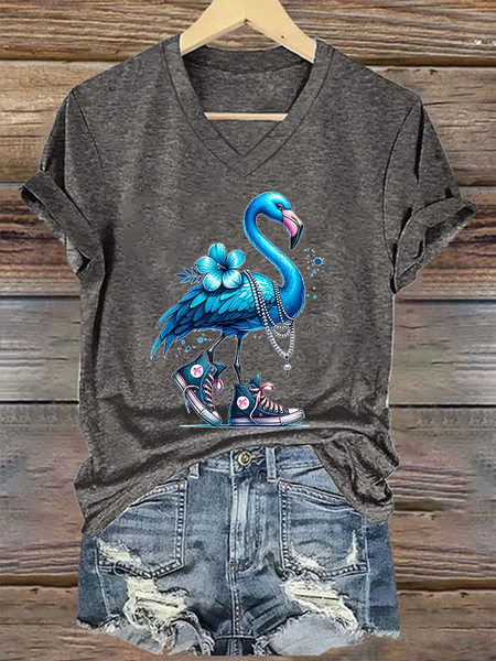 Women's Pearl Necklace Canvas Shoes Blue Flamingo Print T-Shirt, T-shirts, Lilicloth.com