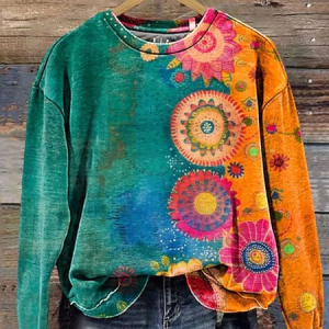 Women's Vintage Love And Peace Flower Art Print Pullover Sweatshirt, Hoodies&Sweatshirts, Lilicloth.com