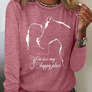 Women's Funny Horse And Girl You Are My Happy Place Print Letters Casual Top, Long sleeves, Lilicloth.com