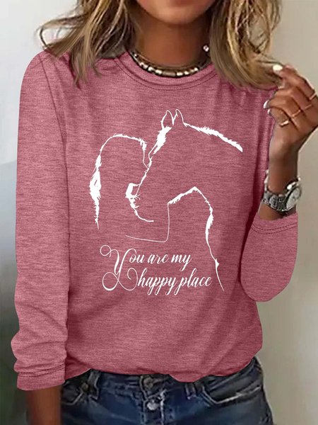 Women's Funny Horse And Girl You Are My Happy Place Print Letters Casual Top, Long sleeves, Lilicloth.com