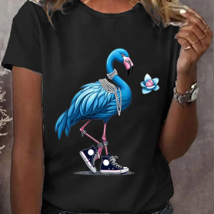 Women's Pearl Necklace Canvas Shoes Flamingo Print Round Neck T-Shirt, T-shirts, Lilicloth.com