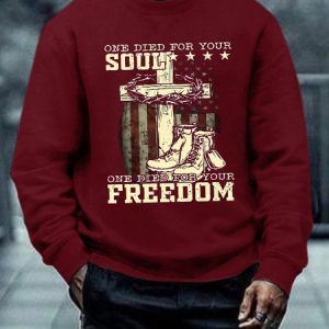 Men's One Died For Your Soul One Died For Your Freedom Faith Cross Flag Print Casual America Flag Cotton-Blend Sweatshirt, Hoodies&Sweatshirts, Lilicloth.com