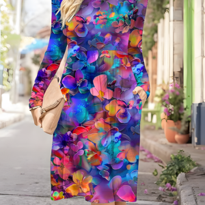 Women's Artistic Floral Print Long Sleeve Pocket Dress, Dresses, Lilicloth.com