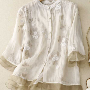 Stand Collar Long Sleeve Embroidery Patterns Regular Loose Shirt For Women, Shirts, color:As Picture|size:3XL, catalog Noracora shop