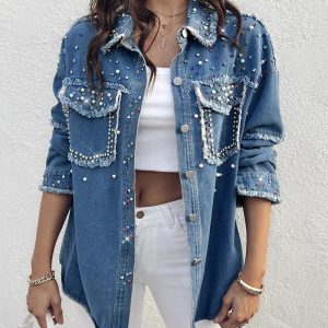 Colorful Rhinestone &  Pearls Decor Turn-down Collar Long Sleeve Jacket Casual Front Button Raw Hem Denim Coat with Pockets, women Jackets & Coat, ChicMe catalog