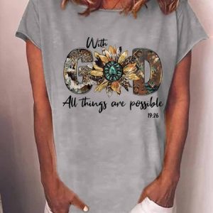 Women's God Sunflower Loose Casual Crew Neck Leopard T-Shirt, T-shirts, Lilicloth.com