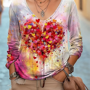Valentine's Day printed heart print casual V-neck long sleeve T-shirt, Long sleeves, Lilicloth.com