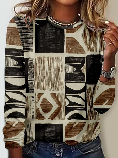 Casual Crew Neck Geometric Long Sleeve Shirt, Long sleeves, Lilicloth.com