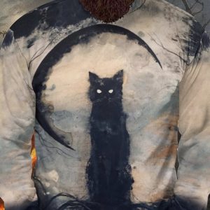 Men's Casual Loose Halloween Black Cat Print Sweatshirt, Hoodies&Sweatshirts, Lilicloth.com