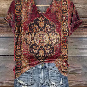 Vintage ethnic tattoo pattern Art print Casual printed cotton round neck T-shirt, T-shirts, Lilicloth.com
