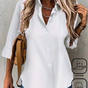 Shirt Collar Long Sleeve Plain Regular Loose Shirt For Women, Shirts, color:White|size:XXL, catalog Noracora shop