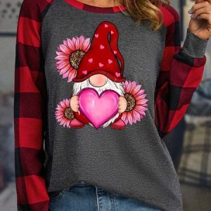 Women’s Valentine's Day Love Gnome Cordate Crew Neck Casual Loose Polyester Cotton Top, Long sleeves, Lilicloth.com