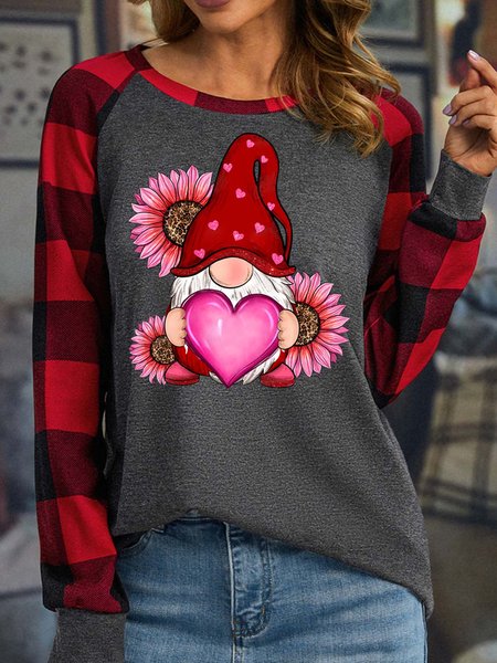 Women’s Valentine's Day Love Gnome Cordate Crew Neck Casual Loose Polyester Cotton Top, Long sleeves, Lilicloth.com