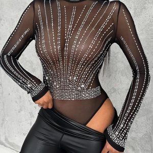 Rhinestone Sheer Mesh Bodysuit Slim Fit Round Neck Long Sleeve Elegant Bodysuit, women Bodysuit, ChicMe catalog