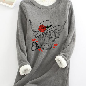 Highland Cow Valentines Day Casual Fluff Fleece Fabric Sweatshirt, Hoodies&Sweatshirts, Lilicloth.com
