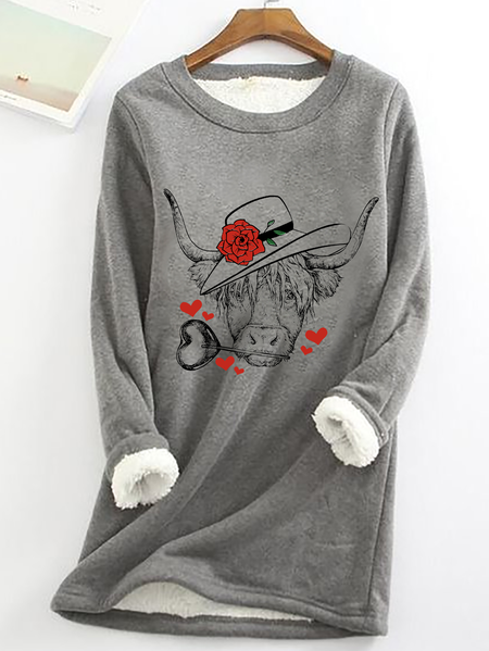Highland Cow Valentines Day Casual Fluff Fleece Fabric Sweatshirt, Hoodies&Sweatshirts, Lilicloth.com