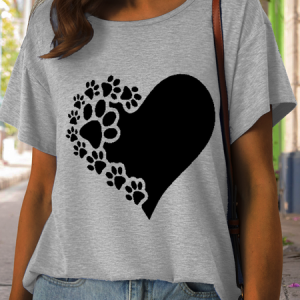 Women's Funny Paw Love Print Casual Crew Neck T-Shirt, T-shirts, Lilicloth.com