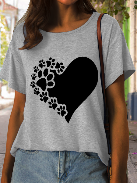 Women's Funny Paw Love Print Casual Crew Neck T-Shirt, T-shirts, Lilicloth.com