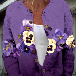 Floral Knitted Casual Crew Neck Cardigan, Cardigans, Lilicloth.com