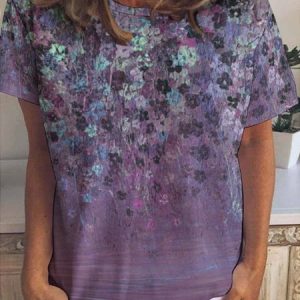 Women's Art Printing Loose Floral Crew Neck Casual T-Shirt, T-shirts, Lilicloth.com