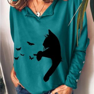 Cat Butterflies V Neck Regular Fit Casual Sweatshirts, Hoodies&Sweatshirts, Lilicloth.com