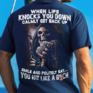 Men's When Life Knocks You Down Calmly Get Back Up American Flag Skull Funny Graphic Print Cotton Casual Text Letters Loose T-Shirt, T-shirts, Lilicloth.com