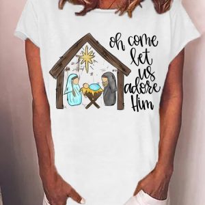 Women's Oh Come Let Us Adose Hum Funny Graphic Print Loose Casual Cotton-Blend T-Shirt, T-shirts, Lilicloth.com