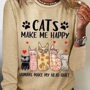Women's Funny Word Cat Make Me Happy Simple Cotton-Blend Long Sleeve Top, Long sleeves, Lilicloth.com